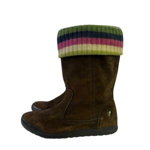 Coach Tatum mid-calf boot in brown suede with a multi-color wool knit cuff Sz 8